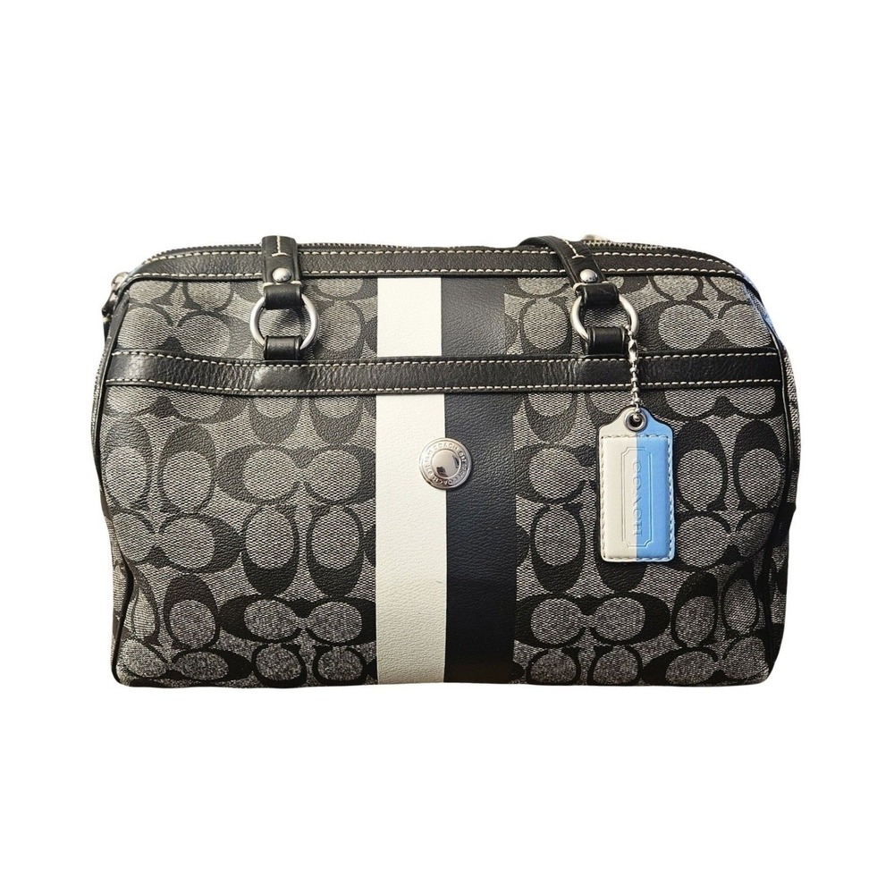Coach Signature C Jacquard Satchel Bag Black Grey Racing Stripe Blue Lining